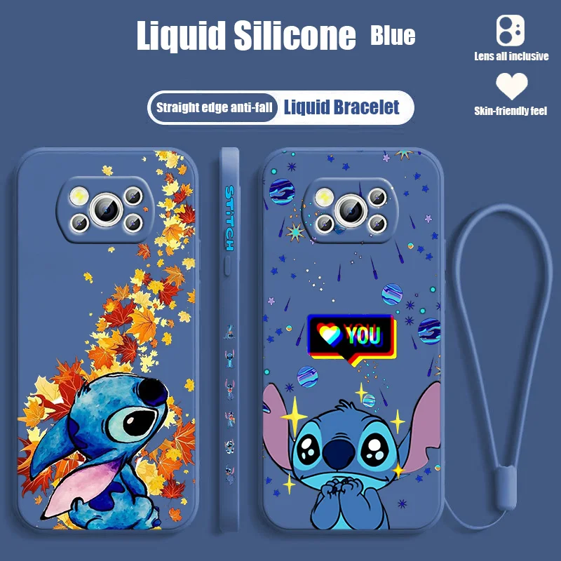 

Stitch Cute Anime Disney Phone Case For Xiaomi POCO M5s M4 M3 X4 X3 NFC X2 F4 F3 GT Pro C40 C3 Liquid Left Rope Cover