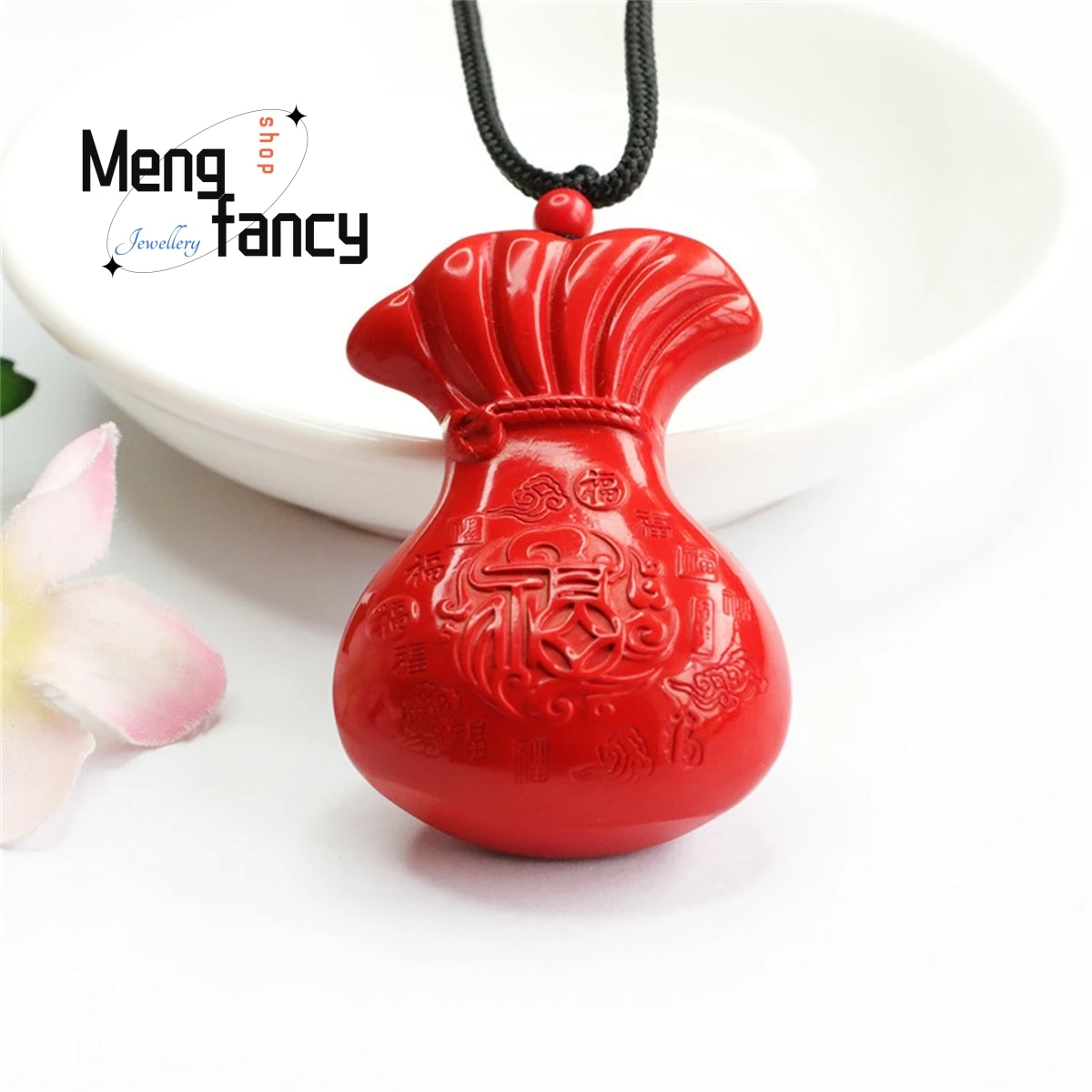 

Natural Authentic Red Vermilion Sand Big Fortune Money Bag Auspicious Cloud Double Sided Wanfu Pendant Charm Simple Personalized