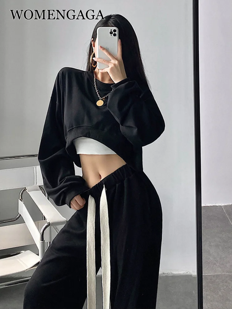 

Curved WOMENGAGA Fashion Hem Round Neck Pullover Top Loose Short Long Sleeve Sweatshirt Sweet Korean Casual Tops T7NL