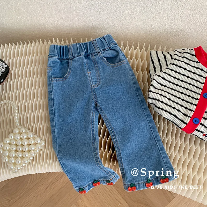 

2023 Spring Autumn Children Girls Jeans Cotton Denim Patched Cherry Wide Leg Pants Solid Simple Korean Style Infant Girls Outfit