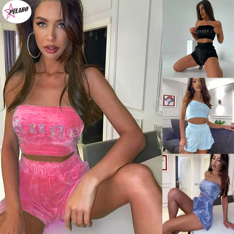 

Женский бархатный комплект из 2 предметов PULABO, Модный повседневный укороченный топ на завязках и шорты, свободная женская летняя одежда, спо...