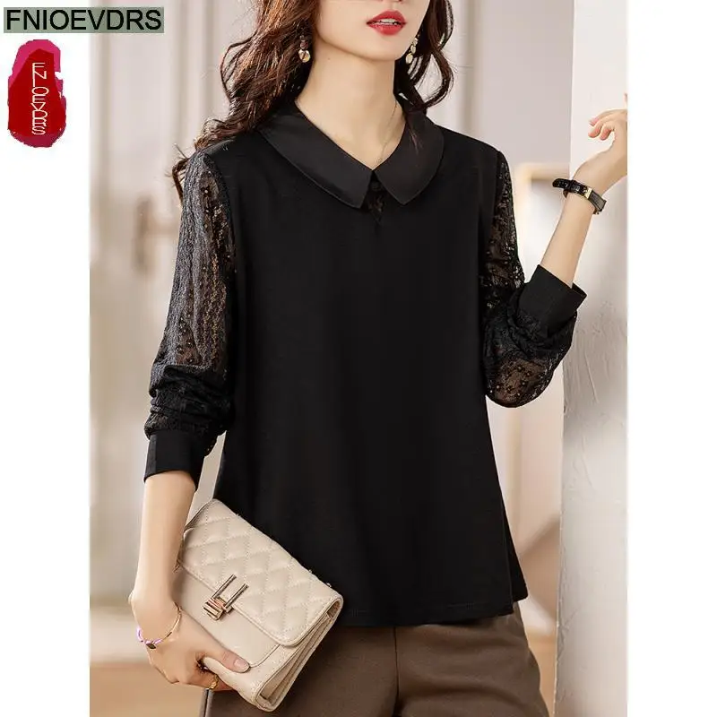 Женская винтажная блузка в стиле ретро Элегантная черная кружевная с воротником