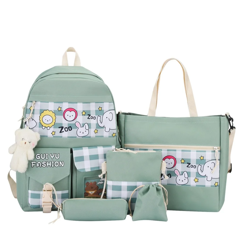 New Backpack Girl Student Schoolbag Lengai Cartoon Bag Five-piece Large-capacity Leisure Backpack Set School Bags