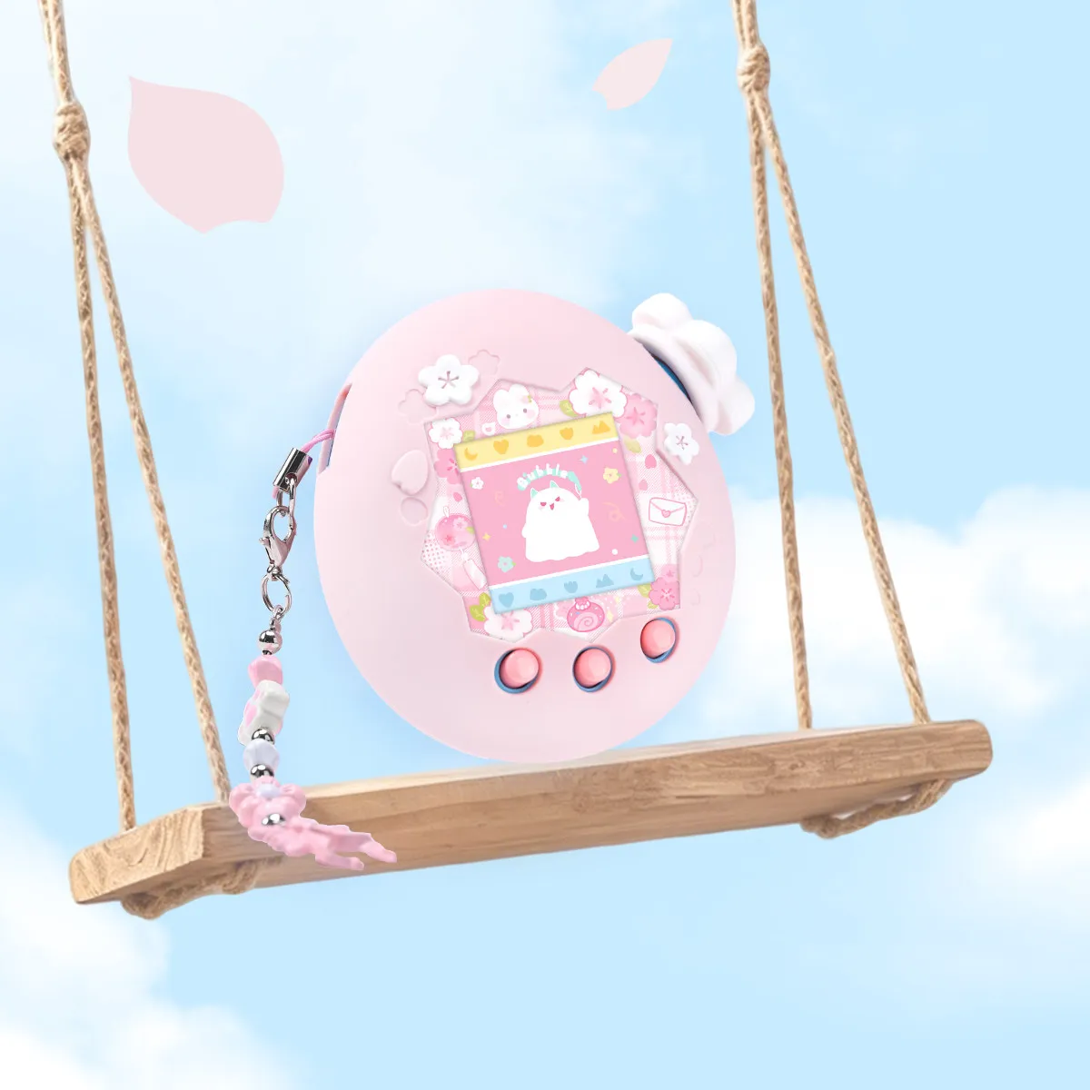 Фото BUBBLELOGUS Защитный силиконовый чехол для Tamagotchi Paradise Pink SAKURA с наклейкой, накладкой на кнопки и подвеской, мягкий чехол №2