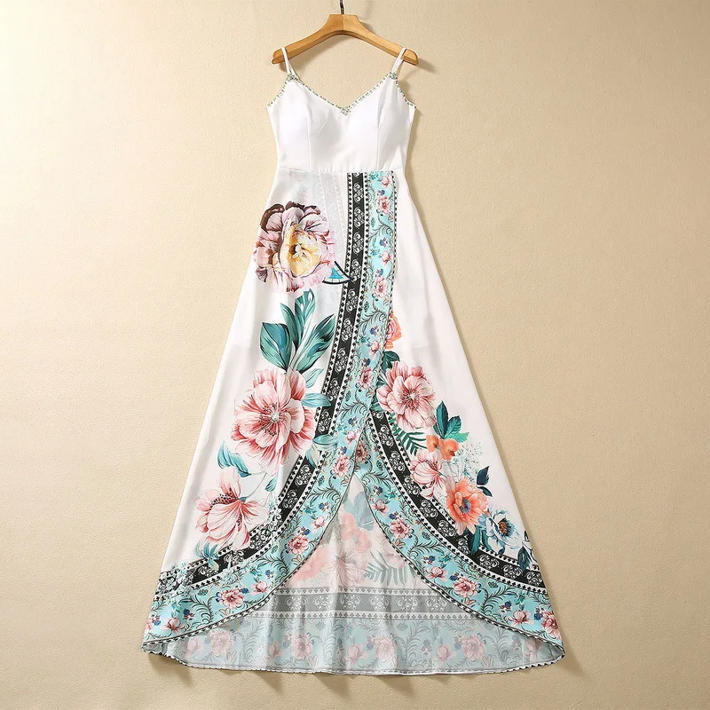 European and American women's dress 2023 summer new style suspenders Sleeveless V-neck beading Flower printing  split dress