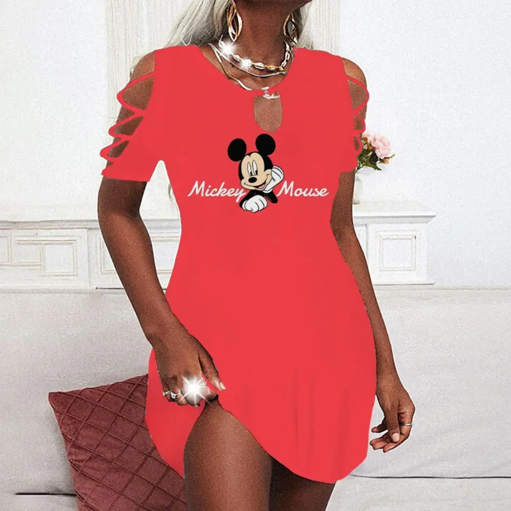 

Mickey Summer Dresses Woman 2022 Off Shoulder Dress Elegant Women Fashion Party Minnie Mouse Sexy Print Y2k Disney Boho Women's