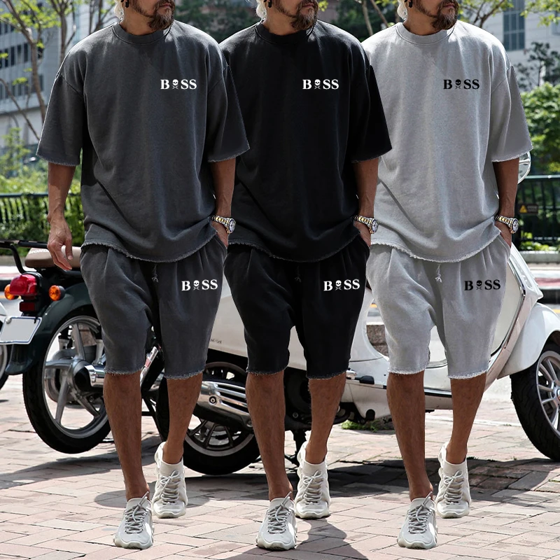 

2023 Summer Hot Style men's Breathable Sweat-Wicking Loose Large-Size Short-Sleeved Top + Shorts Casual Vacation Wear