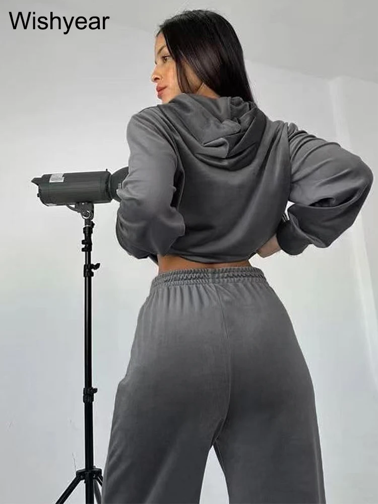 Бархатный спортивный костюм с капюшоном серый женский комплект из 2 предметов