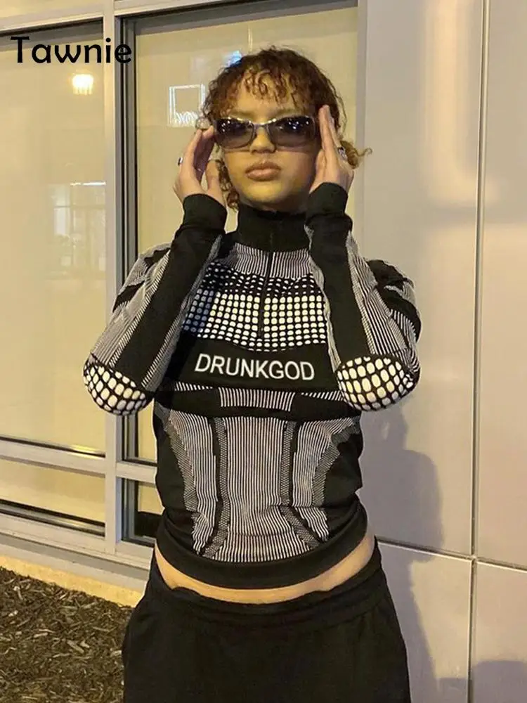 

Tawnie 2023 Spring Y2K Letter Zipper Moto&biker Style Crop Top Women Striped Dot Patchwork Long Sleeve T Shirts Stand Collar Tee