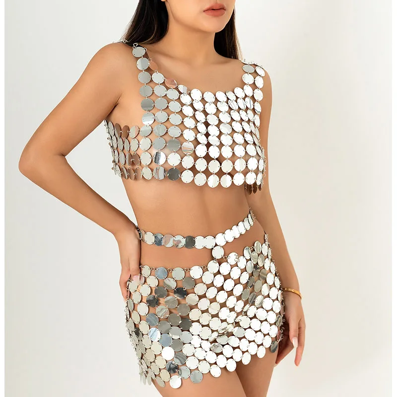 

Geometric Shiny Sequins Festival Rave Women Outfits Sexy Crop Top See Through Nightclub Mini Skirt Y2K Streetwear Body Chain