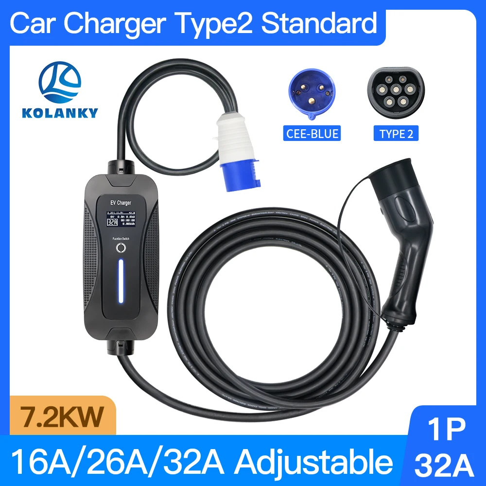 

Portable EV Charger Wallbox 32A 1P 7.2Kw With Cee Blue Plug 220-250V Adjustable Current 16/26/32A Fast Home Car Charging Cable 5