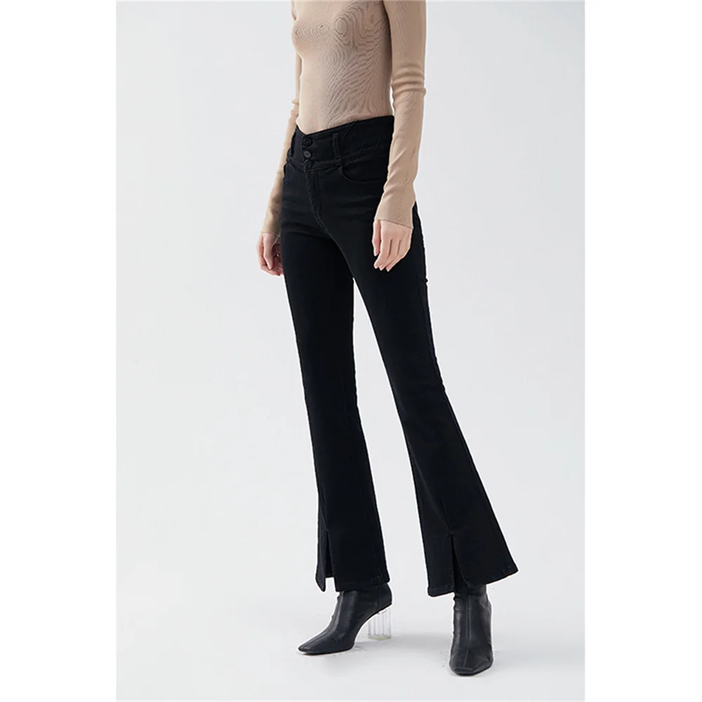 New High Waist Elastic Slim Denim Pants 2022 Winter Thick Inside Fleece Warm Embroidery Slit Black Jeans Female Clothes