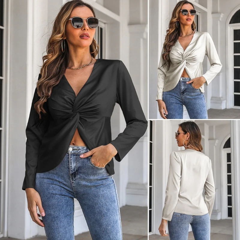 

Womens Knot Front Blouse Deep V Neck Long Sleeve Shirt Female Chic-Knot Front Blouse Tops for Daily Vacation Work Party