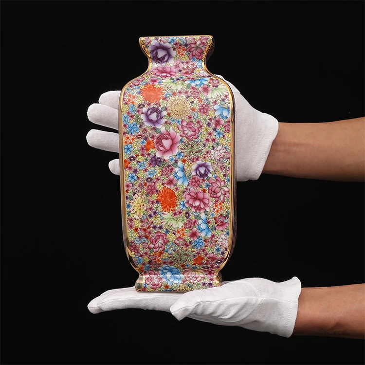 

Эмалированные разноцветные цветы и птицы Qing Qianlong, квадратная ваза, фарфоровое украшение, Античная коллекция