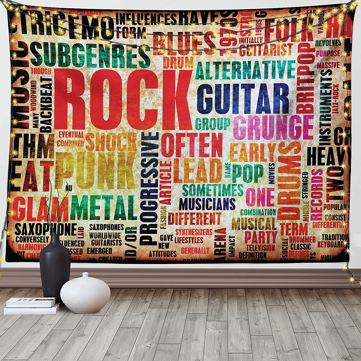 

Ambesonne Music Tapestry, Retro Rock Roll Lettering Grunge Distressed Colors Back Then Sound Music Theme, Wide Wall Hanging