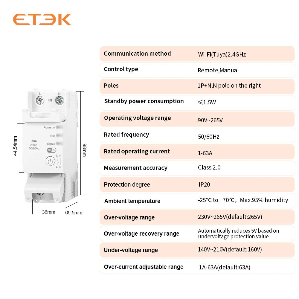 Фото Система солнечных батарей ETEC для DIN-рейки / Зарядное устройство для электромобилей TUYA Smart Relay 63A с регулируемым током и счетчиком энергии 2P, беспроводное EKA3 №5