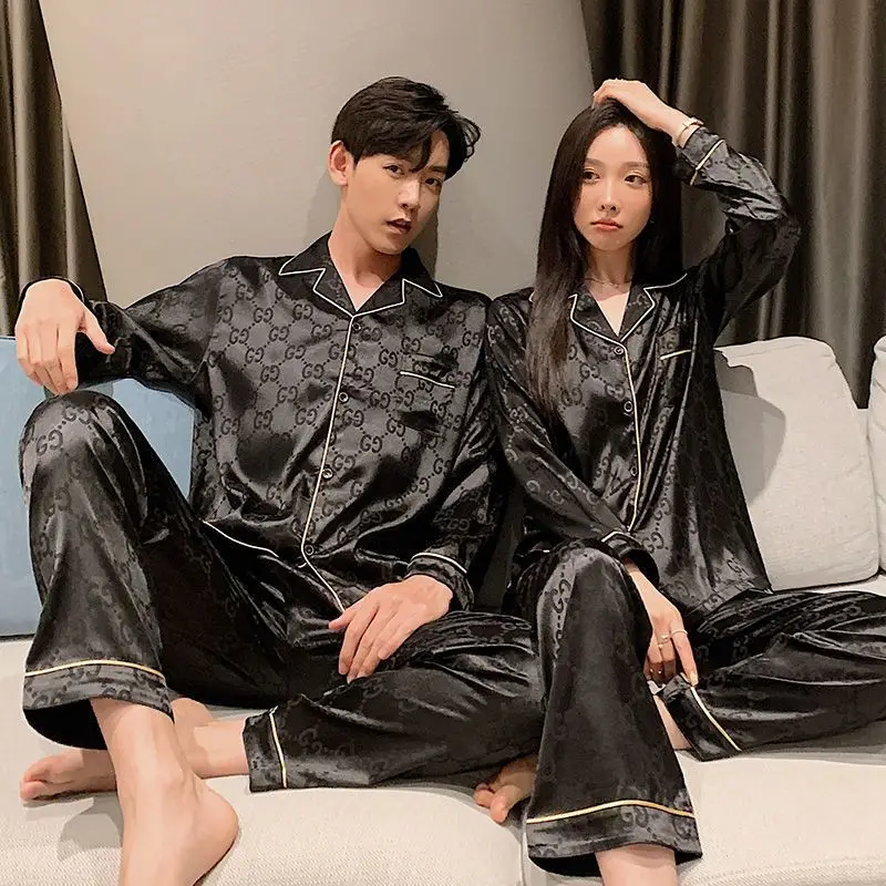 Couples' pajamas Women's spring and autumn style ice silk long-sleeved high beauty plus fat size silk homewear suit