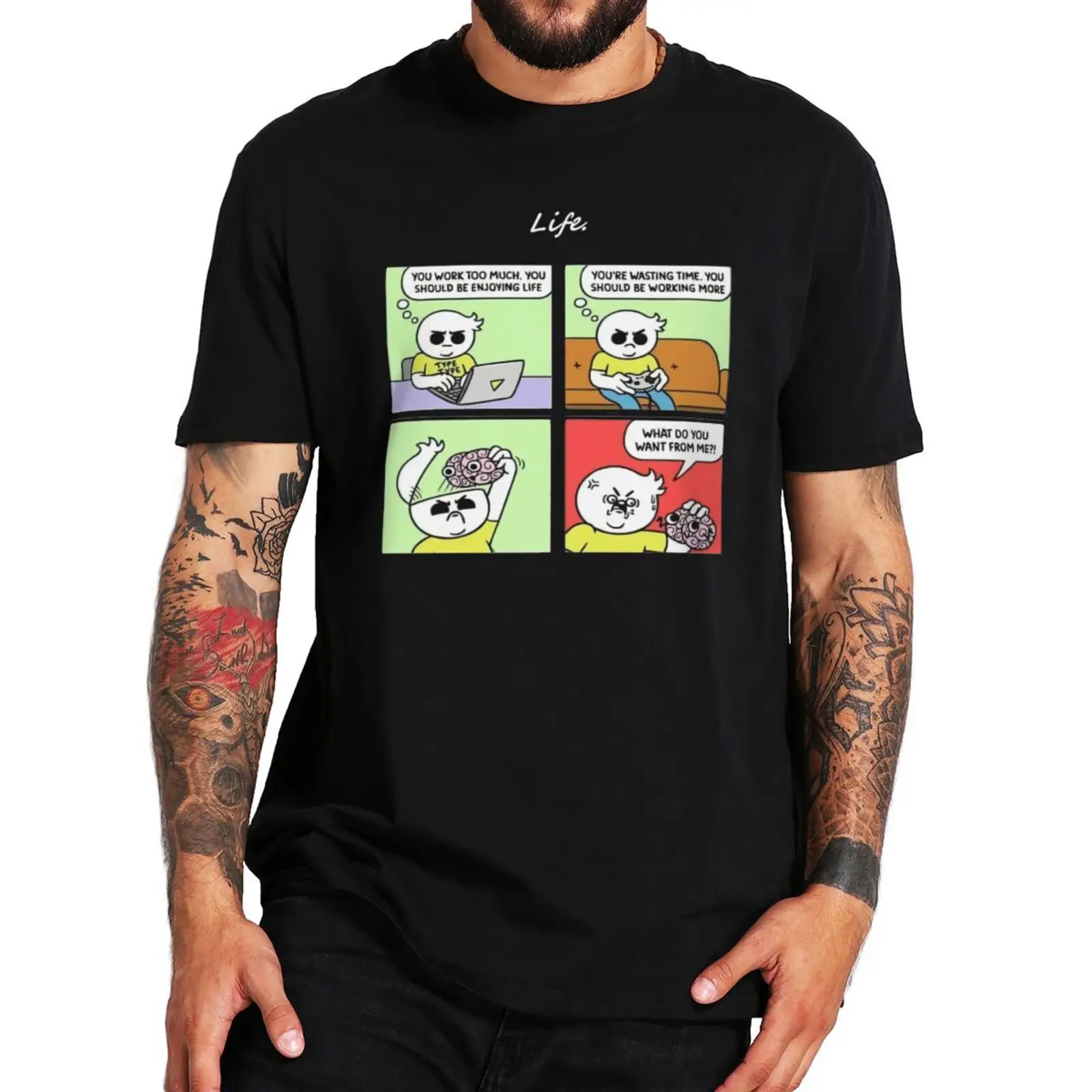 

Life In Short Classic T-Shirt Funny Brains Cartoon Pun Memes Jokes Men Clothing Casual 100% Cotton Premium T Shirts EU Size