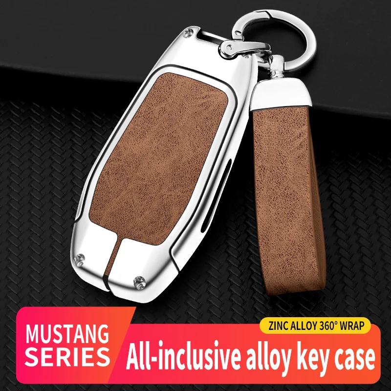 

Leather Zinc Alloy Car Key Case Cover Protector Shell For Mustang F-150 Explorer Edge 2015 2016 2017 2018 Remote Shell Holder