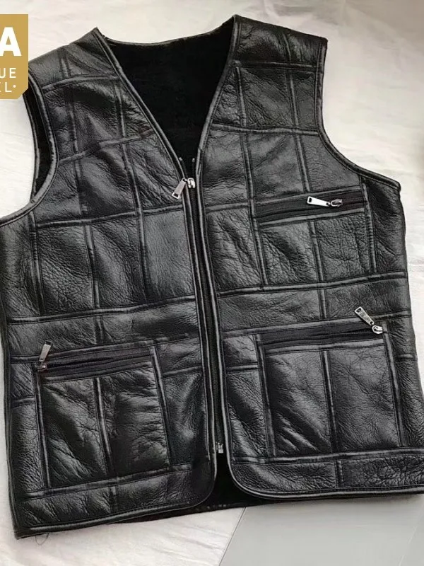

Casual Men Autumn Genuine Winter Leather Vest V-Neck Zipper Solid Color Waistcoat Street Multi-Pockets Sleeveless Jackets L-6XL