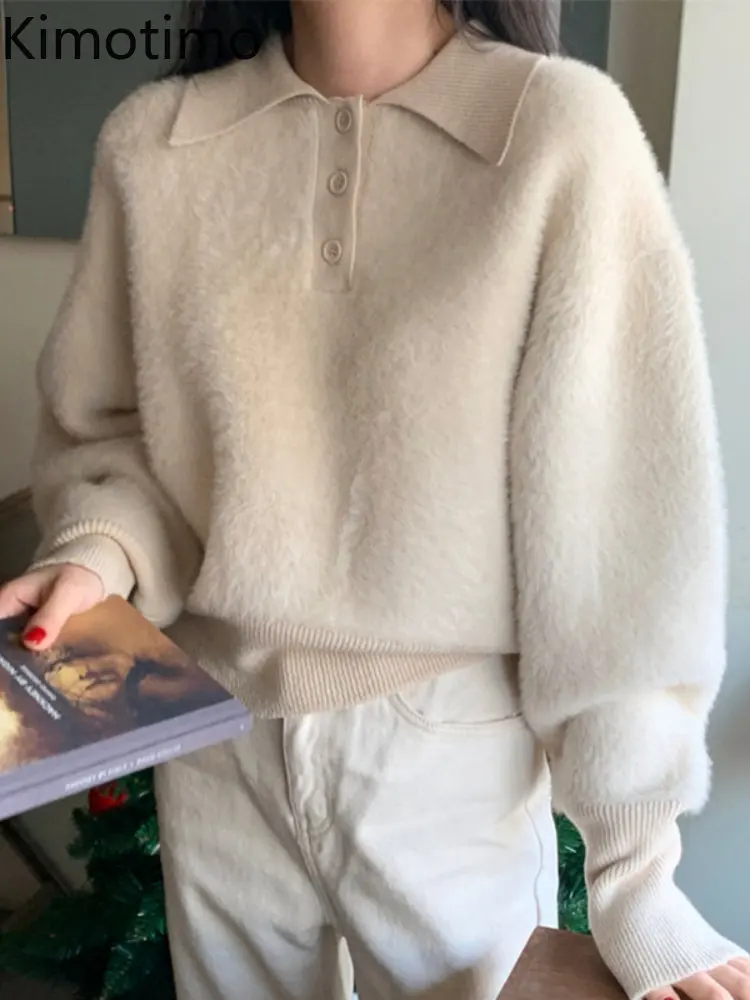 

Пуловер Kimotimo женский плюшевый, однотонный свободный свитер с отложным воротником, Нежный Мягкий Вязаный топ в Корейском стиле с длинным рук...