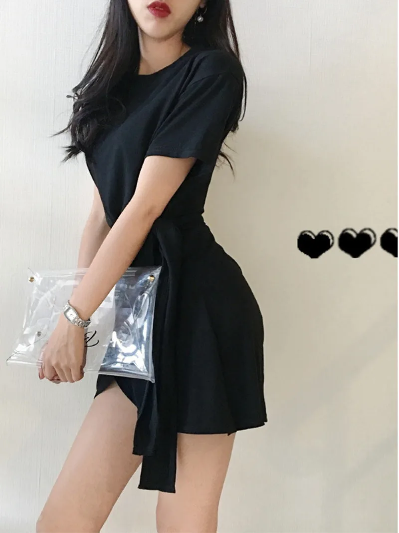

Cotton New Fashion Bandage Waist A-line Dress Women Long Solid Round Neck Short Sleeve T-shirt Women Casual Lace Up Summer 851R