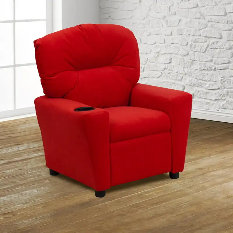 

Contemporary Red Microfiber Kids Recliner with Cup Holder