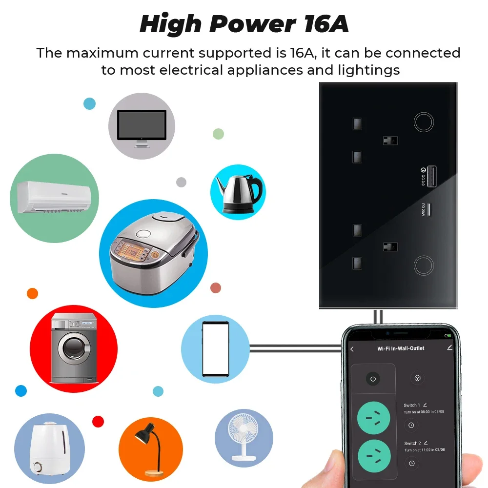 Фото Умная розетка с Wi-Fi/Zigbee, настенная розетка с Wi-Fi, USB Type-C, PD, 20 Вт, сенсорный выключатель, с дистанционным управлением через Alexa Google Home №5