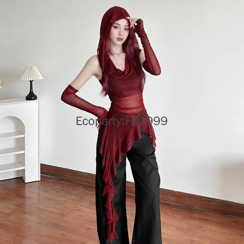 Женская прозрачная однотонная футболка с капюшоном и рюшами S/M/L цвет в