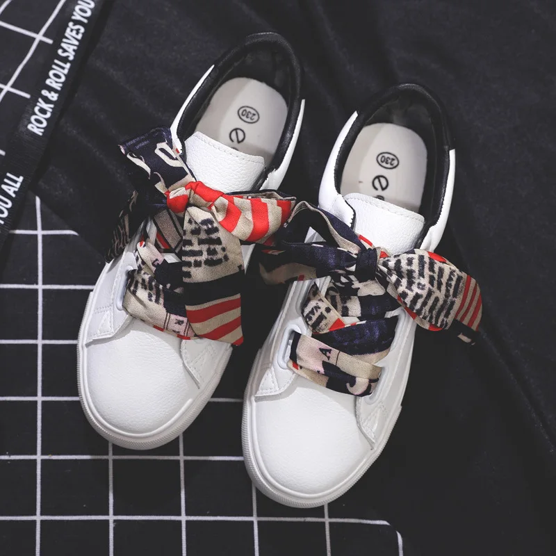 YeddaMavis Red Girl Sneakers New Fashion Silk Ribbon PU Leather Waterproof Flat Skate Lace Up Casual Shoes Women Vulcanize Shoes