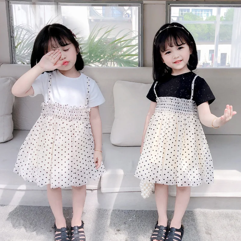 

Summer Baby Girl Strap Dress Short Sleeve Gauze Dress Fake Two Piece Kid Suit 6-24month Solid Color Children Skirt and T-shirt