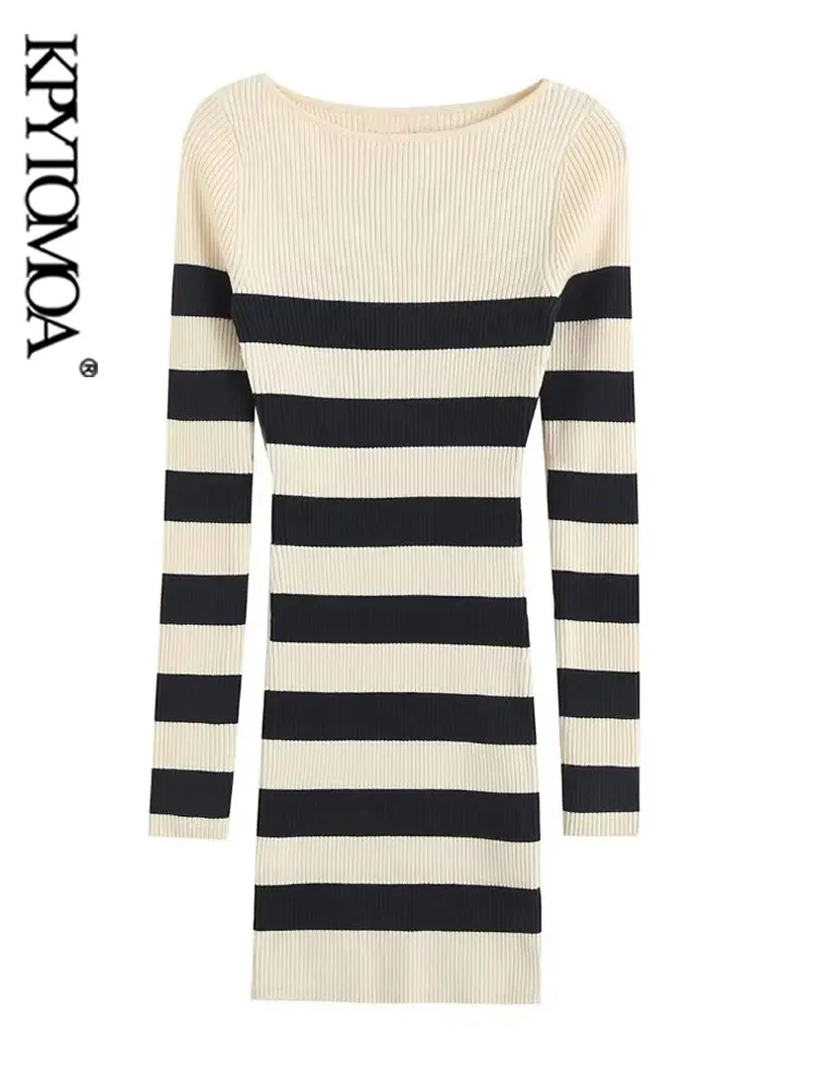

KPYTOMOA женское модное приталенное Полосатое трикотажное мини-платье винтажные женские платья с круглым вырезом и длинным рукавом Vestidos Mujer