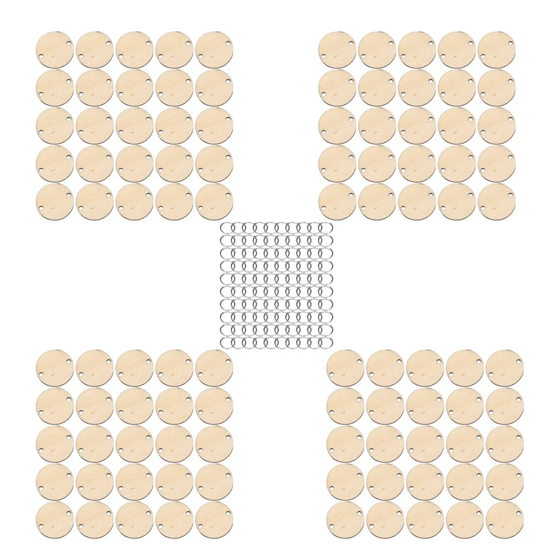 

100 Pieces Round Wooden Discs with Holes Birthday Board Tags and 100 Pieces 15 mm Rings for Arts and Crafts (3CM)