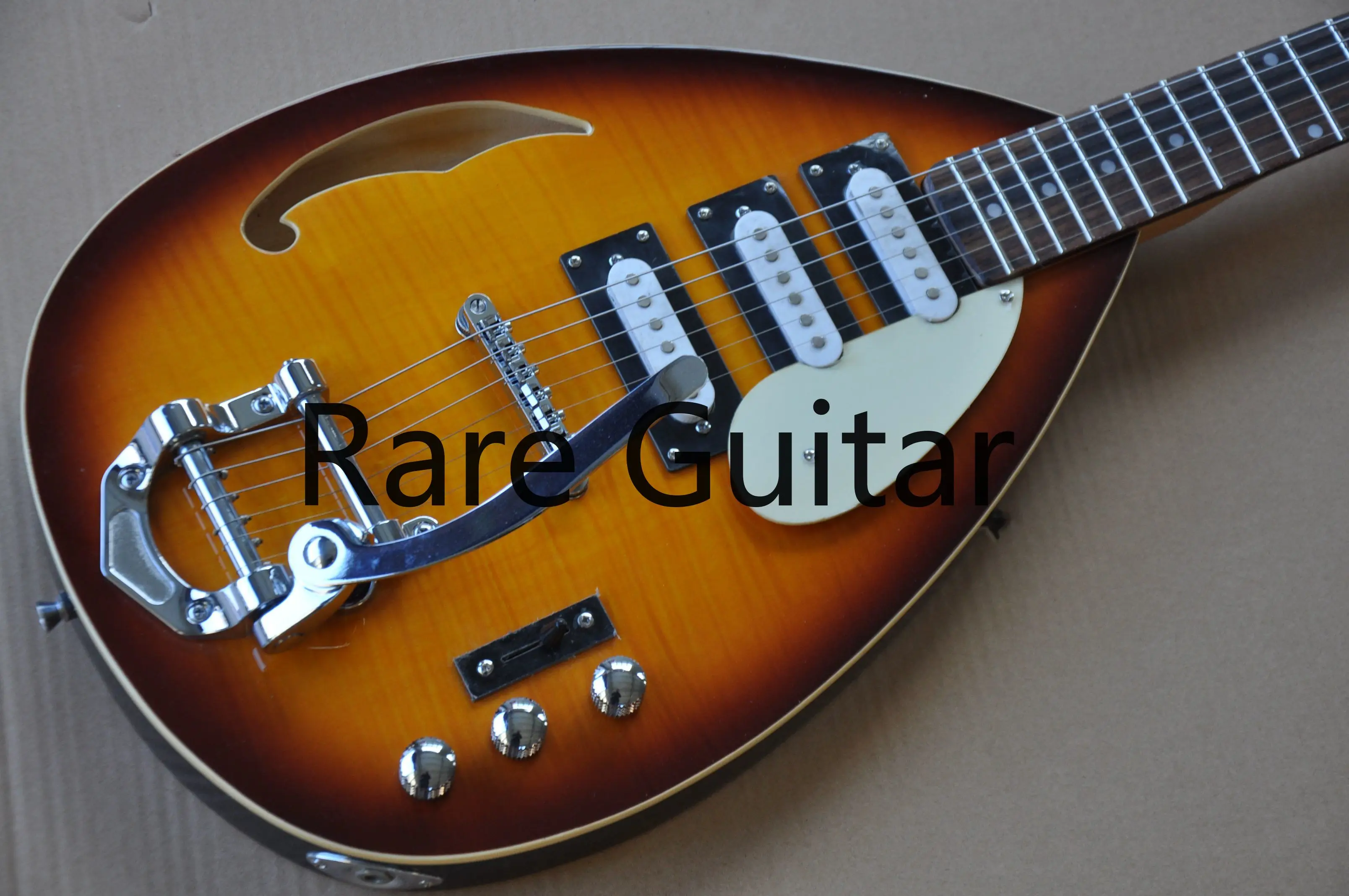 

Custom Hutchins Brian Jones Vox 1960s PGW Teardrop Flame Maple Top Sunburst Hollow Body Electric Guitar Single Hole