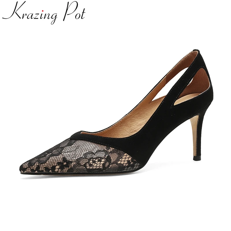 

Krazing Pot Genuine Leather Pointed Toe High Heels Shallow Summer Shoes Concise Embroidery Dating Party Office Lady Women Pumps
