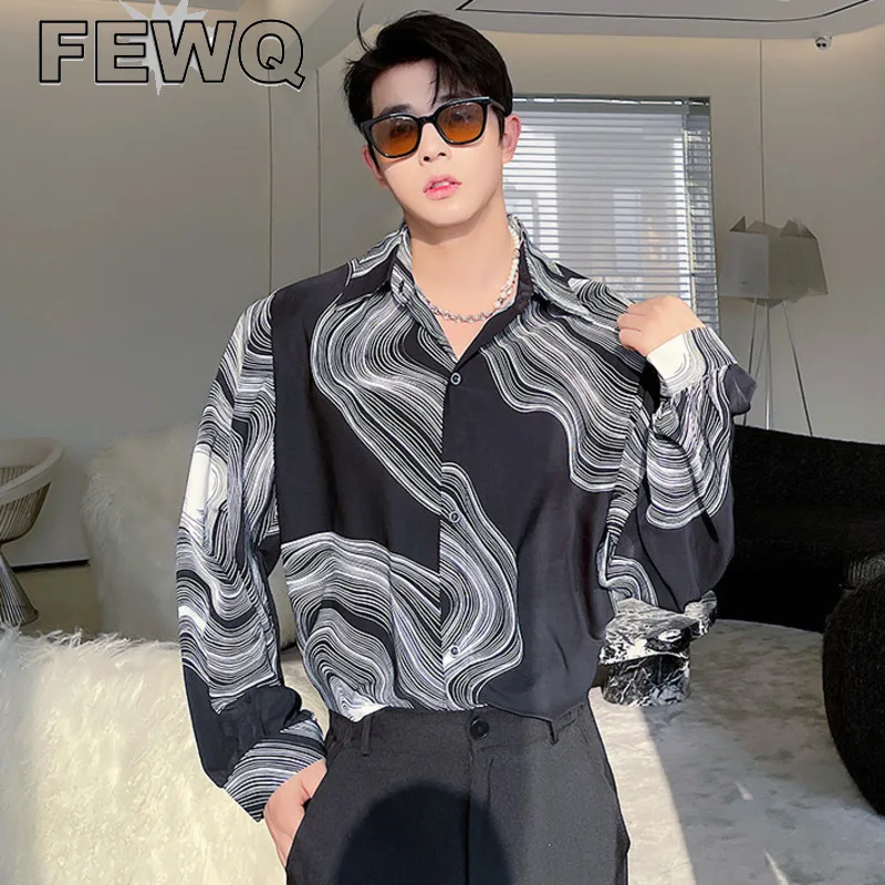 

FEWQ Men's Black White Abstract Colorblocked Design Shirt 2023 New Autumn Long Sleeve Casual Tops fit Vintage Blouse 9A1036