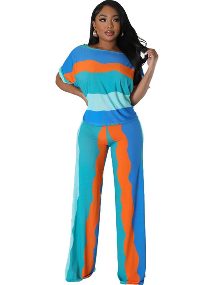 

Szkzk Colour Blocking 2pcs Suit Pullover T-shirt Tops And Wide Leg Long Trousers High Waist Streetwear Casual Two Piece Sets