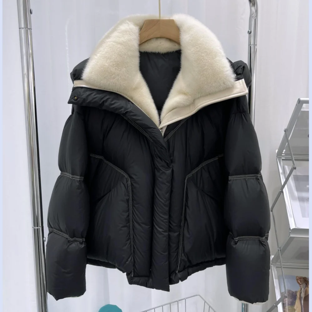 

GTGYFF Winter Goose Down Jacket With Hood Real Mink Fur Collar Warm Loose Oversize Outwear Overcoat Black Outfits Female