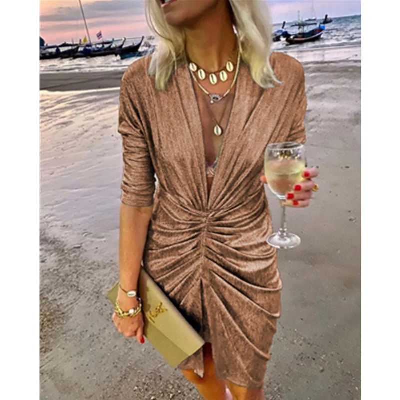 

Mandylandy Fashion Sexy Women Long Sleeve V Neck Glitter Sequin Evening Club Ball Gown Split Wrap Dress Bodycon Party Slim Dress