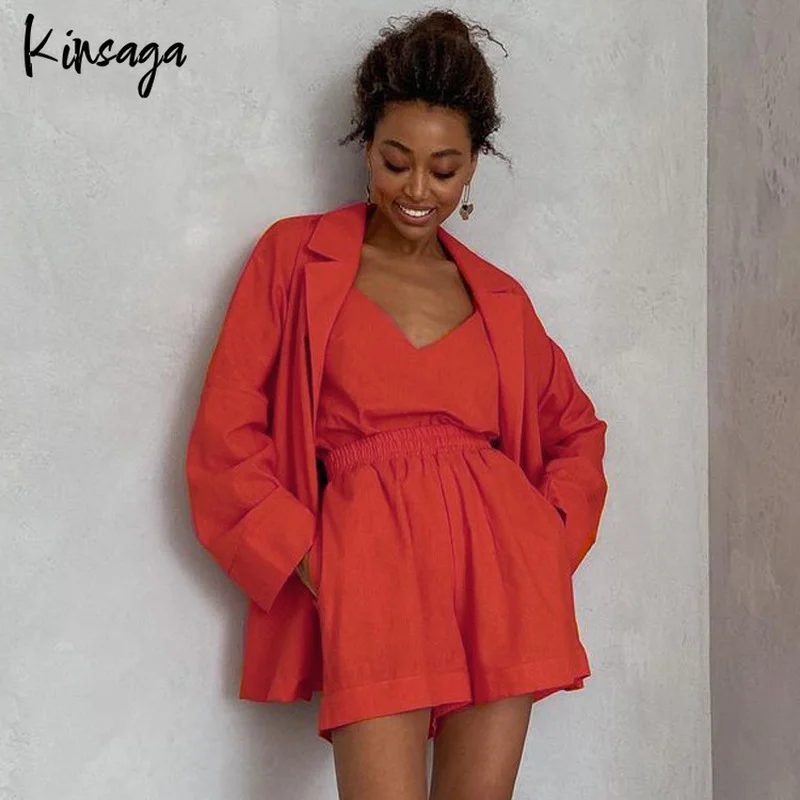 

Solid Long Sleeve Lace Up Blouse And Vest 3 Piece Sets Summer 100% Cotton Suits Women High Waist Loose Elegant Casual Shorts Set