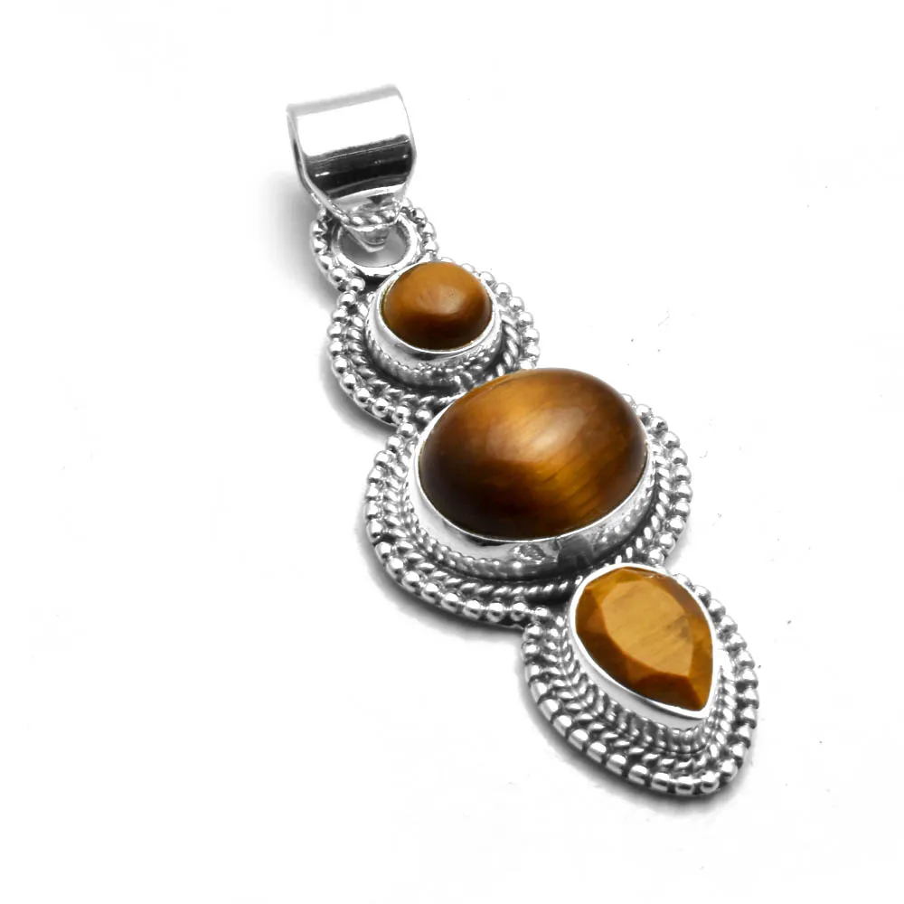 

Genuine Tiger Eye Pendant 925 Sterling Silver, 42 mm， AP9167