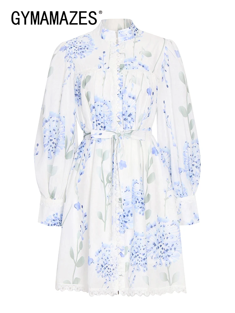 

GYMAMAZES Vintage Print Colorblock Mini Dress For Women Stand Collar Lantern Sleeve High Waist Loose Dresses Female 2022 Clothes