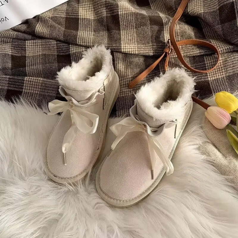 

Ribbon plus fleece warm hand custom winter fashion all-in-one boots fur women 35-40