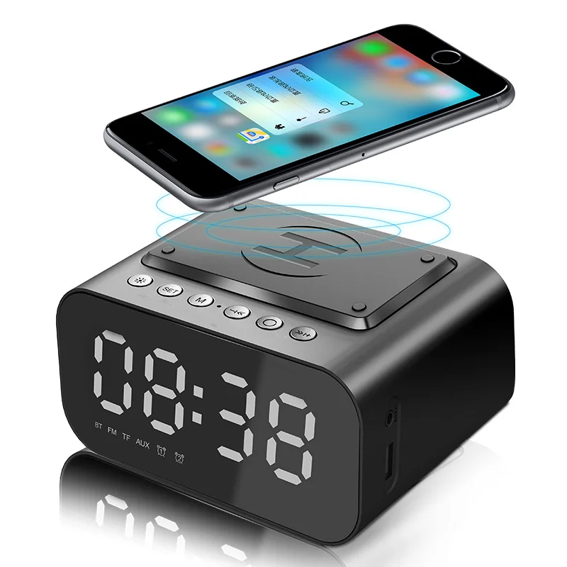 

Wireless Charging Bluetooth Clock Speaker Portable Small Stereo Mini Home Alarm Desktop 5W with LED Function FM Radio
