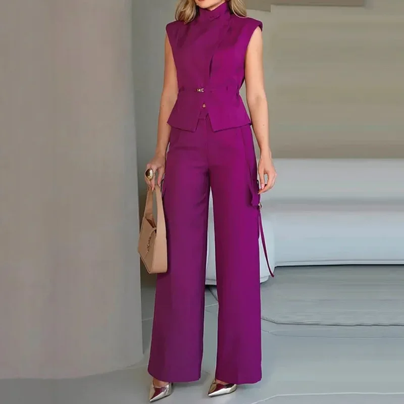 Модный новый топ без рукавов с лацканами и брюки однотонный повседневный костюм