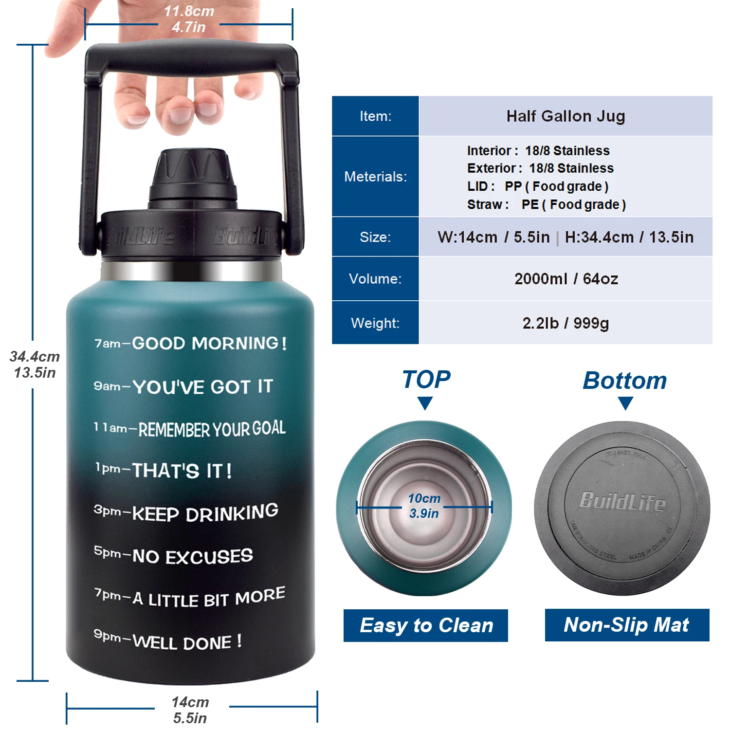 Quifit Нержавеющая сталь бутылка для воды 2L 64 унций с соломенная шляпа вакуумной