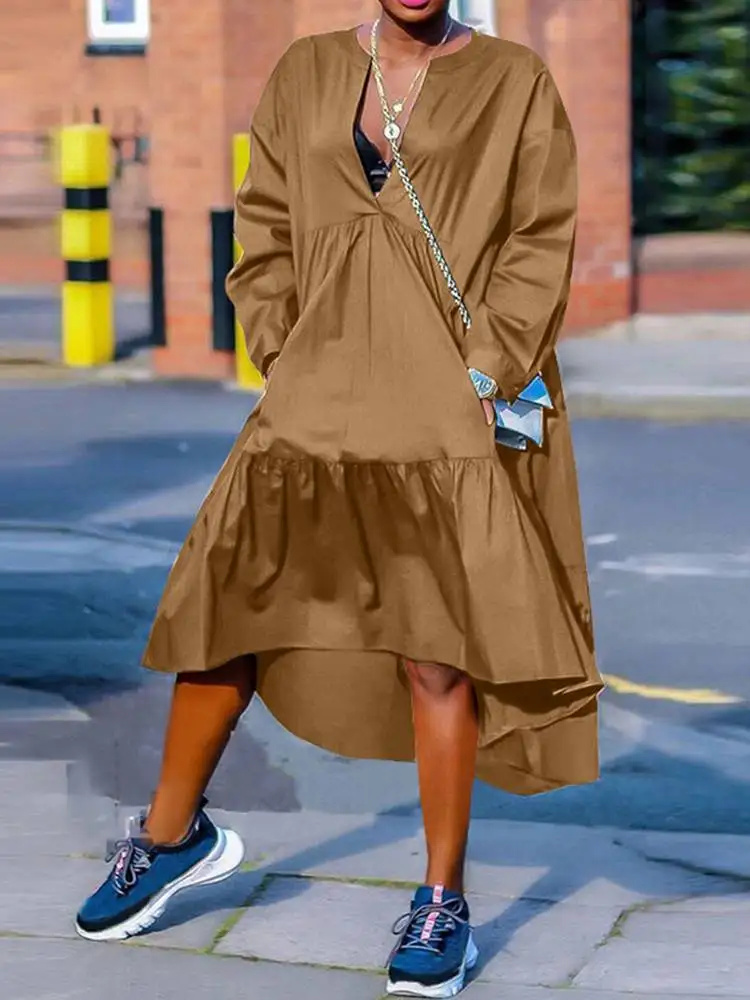 

Holiday Solid Knee Dress Casual High Low A Line Dresses Oversized Women Elegant Irregular Hem Robe ZANZEA Spring V Neck Vestido