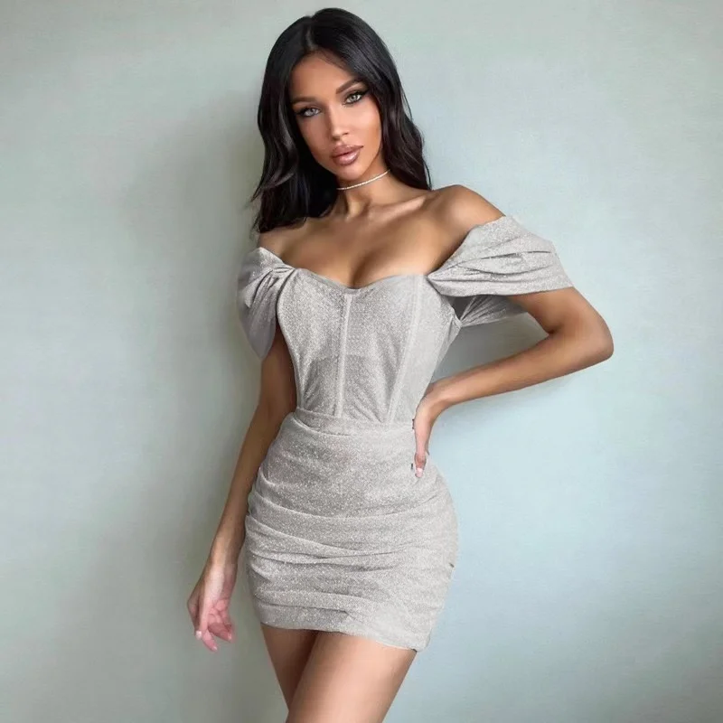 

Elegant Sexy Mesh Bodycon Off Shoulder Mini Dress Women See Through Ruched Bandage Dresses 2022 Summer Party Evening ClubOutfits