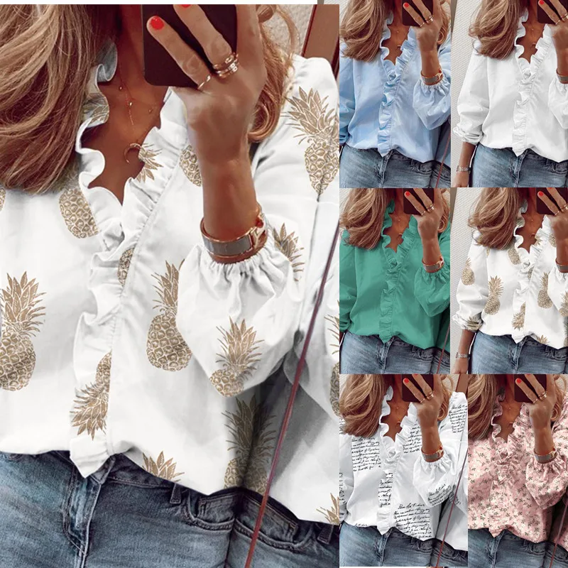 

Summer ruffle long sleeve slim pineapple printed shirt for women