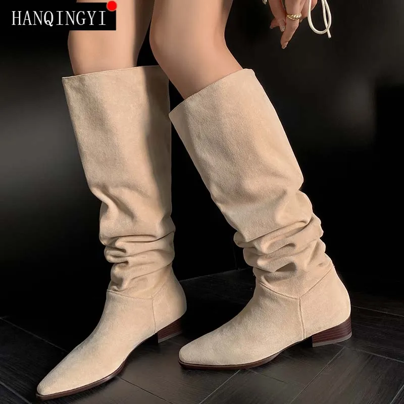 

Genuine Leather Western Knee-High Boots Autumn Elegant Pointed Toe Fashion 2023 Women Shoes For Female Ladies Chelsea Boots